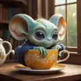 A sleepy alien with big, droopy ears curled up inside a cup of tea, cozy, warm colors, storybook illustration