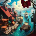 A bustling pirate cove, filled with taverns, ships, and pirates from all walks of life, vibrant colors, lively atmosphere, concept art