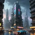 A colossal, rain-slicked metropolis shrouded in perpetual twilight, crumbling brutalist architecture pierced by towering holographic advertisements, flying vehicles weaving between decaying skyscrapers, cyberpunk style