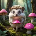 A tiny hedgehog with big eyes and a curious expression, sniffing a pink mushroom in a magical forest, fantasy art, glowing mushrooms