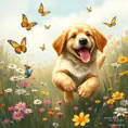 A playful golden retriever puppy with its tongue out, chasing butterflies in a field of wildflowers, whimsical, storybook illustration