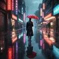 Cyberpunk street after the rain, reflections of neon lights on the wet pavement, puddles acting like mirrors to the city above, a lone figure walking away with a red umbrella, a sense of melancholy and beauty, cinematic composition, hyperrealistic