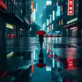 Cyberpunk street after the rain, reflections of neon lights on the wet pavement, puddles acting like mirrors to the city above, a lone figure walking away with a red umbrella, a sense of melancholy and beauty, cinematic composition, hyperrealistic