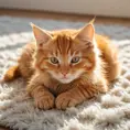 A sleepy orange tabby kitten curled up in a warm sunbeam on a fluffy rug, hyperrealistic, 8k, award-winning photography