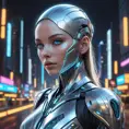 An ethereal android with luminous silver skin, geometric patterns of light pulsing beneath her surface, her eyes glowing with artificial intelligence, set against a backdrop of a futuristic neon cityscape, cyberpunk art, hyperrealistic