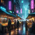 Cyberpunk street market at night, brightly lit stalls selling exotic goods and cybernetic enhancements, a diverse crowd of humans, aliens, and robots haggling over prices, vibrant colors and a sense of energy and excitement, cinematic lighting, detailed environment