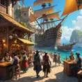 A bustling pirate cove, filled with taverns, ships, and pirates from all walks of life, vibrant colors, lively atmosphere, concept art