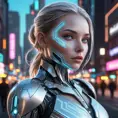 An ethereal android with luminous silver skin, geometric patterns of light pulsing beneath her surface, her eyes glowing with artificial intelligence, set against a backdrop of a futuristic neon cityscape, cyberpunk art, hyperrealistic