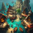 A bustling pirate cove, filled with taverns, ships, and pirates from all walks of life, vibrant colors, lively atmosphere, concept art