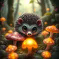 A tiny hedgehog with big eyes and a curious expression, sniffing a pink mushroom in a magical forest, fantasy art, glowing mushrooms