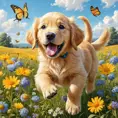 A playful golden retriever puppy with its tongue out, chasing butterflies in a field of wildflowers, whimsical, storybook illustration