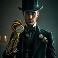 An elegant Victorian gentleman with a finely crafted prosthetic arm made of polished brass and copper. He holds a pocket watch that displays intricate gears instead of numbers. Dressed in a velvet waistcoat and cravat, a top hat casting a shadow over his piercing gaze. Steampunk, cinematic lighting, Art Deco elements.