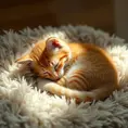 A sleepy orange tabby kitten curled up in a warm sunbeam on a fluffy rug, hyperrealistic, 8k, award-winning photography