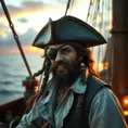 A weathered pirate captain with a gleaming gold tooth, eyepatch, and tricorn hat, standing on the deck of his ship at sunset, rendered in a hyperrealistic style