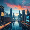 A futuristic cityscape at dusk, with sleek, bioluminescent skyscrapers towering over crystalline waterways. Flying autonomous vehicles zip between buildings, leaving trails of light. Reflecting the vibrant sky above, holographic advertisements shimmer on building facades.