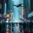 A cyberpunk street bustling with life, neon signs reflecting off puddles, flying vehicles zipping through towering skyscrapers, crowds of people with augmented limbs and holographic projections, a sense of gritty realism and vibrant chaos, trending on artstation, intricate details