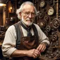 A grizzled old inventor in a dimly lit workshop, surrounded by gears, cogs, and strange contraptions. He wears a monocle and a leather apron, his hands stained with oil and grime. A mischievous glint in his eye, a half-finished automaton in the background. Steampunk, sepia tones, Rembrandt lighting.