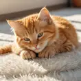 A sleepy orange tabby kitten curled up in a warm sunbeam on a fluffy rug, hyperrealistic, 8k, award-winning photography