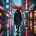 Cyberpunk street after the rain, reflections of neon lights on the wet pavement, puddles acting like mirrors to the city above, a lone figure walking away with a red umbrella, a sense of melancholy and beauty, cinematic composition, hyperrealistic