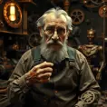 A grizzled old inventor in a dimly lit workshop, surrounded by gears, cogs, and strange contraptions. He wears a monocle and a leather apron, his hands stained with oil and grime. A mischievous glint in his eye, a half-finished automaton in the background. Steampunk, sepia tones, Rembrandt lighting.