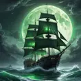 A ghost ship, sails tattered and glowing with eerie green light, sailing through a stormy sea under a crescent moon, digital art, fantasy, ominous