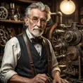 A grizzled old inventor in a dimly lit workshop, surrounded by gears, cogs, and strange contraptions. He wears a monocle and a leather apron, his hands stained with oil and grime. A mischievous glint in his eye, a half-finished automaton in the background. Steampunk, sepia tones, Rembrandt lighting.