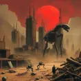 A desolate, dust-swept cityscape littered with the remnants of a forgotten war, rusted metal skeletons of buildings reaching towards a blood-red sky, biomechanical creatures scavenging amongst the debris, apocalyptic art