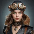 A portrait of a young woman with intricate clockwork gears embedded in her skin, her eyes glowing with a soft, ethereal light. She wears a leather aviator hat and goggles, her expression a mix of curiosity and determination. Steampunk aesthetic, highly detailed, vintage photography style.