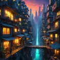 A sprawling shantytown built precariously on the edges of a towering, neon-drenched megacity, the chasm between rich and poor starkly illuminated by flickering streetlights and the glow of advanced technology, digital art