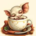 A sleepy alien with big, droopy ears curled up inside a cup of tea, cozy, warm colors, storybook illustration