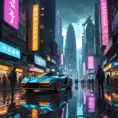 A cyberpunk street bustling with life, neon signs reflecting off puddles, flying vehicles zipping through towering skyscrapers, crowds of people with augmented limbs and holographic projections, a sense of gritty realism and vibrant chaos, trending on artstation, intricate details