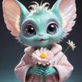 A fluffy, pastel-colored alien with oversized eyes and tiny antennae, giggling and holding a glowing flower, anime style, soft lighting