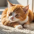 A sleepy orange tabby kitten curled up in a warm sunbeam on a fluffy rug, hyperrealistic, 8k, award-winning photography