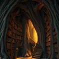 A solitary, ancient library carved into the heart of a giant sequoia tree, bathed in warm, golden light. Shelves overflow with ancient tomes bound in leather and illuminated manuscripts. A spiral staircase winds upwards, disappearing into the shadows of the treetop.