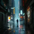 Deserted alleyway in a dystopian cyberpunk city, rain slick streets reflecting neon signs, steam rising from grates, flickering holographic advertisements, a lone figure silhouetted in the distance, a sense of loneliness and urban decay, cyberpunk art, dark and atmospheric