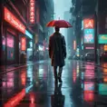 Cyberpunk street after the rain, reflections of neon lights on the wet pavement, puddles acting like mirrors to the city above, a lone figure walking away with a red umbrella, a sense of melancholy and beauty, cinematic composition, hyperrealistic