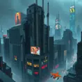 A colossal, rain-slicked metropolis shrouded in perpetual twilight, crumbling brutalist architecture pierced by towering holographic advertisements, flying vehicles weaving between decaying skyscrapers, cyberpunk style