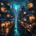 A sprawling shantytown built precariously on the edges of a towering, neon-drenched megacity, the chasm between rich and poor starkly illuminated by flickering streetlights and the glow of advanced technology, digital art