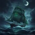 A ghost ship, sails tattered and glowing with eerie green light, sailing through a stormy sea under a crescent moon, digital art, fantasy, ominous