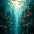 A hauntingly beautiful underwater city, sunlight filtering through the rippling surface above, bioluminescent flora and fauna illuminating the art deco architecture, the faint hum of unseen machinery echoing through the water, ethereal and eerie