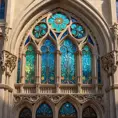 An intricate Art Nouveau cathedral facade, adorned with iridescent stained glass mosaics depicting celestial scenes, framed by organic lines of sculpted bronze vines and blossoms. Soft sunlight streams through, casting a kaleidoscope of colors within.