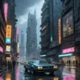 A colossal, rain-slicked metropolis shrouded in perpetual twilight, crumbling brutalist architecture pierced by towering holographic advertisements, flying vehicles weaving between decaying skyscrapers, cyberpunk style