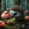 A tiny hedgehog with big eyes and a curious expression, sniffing a pink mushroom in a magical forest, fantasy art, glowing mushrooms