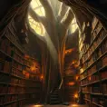 A solitary, ancient library carved into the heart of a giant sequoia tree, bathed in warm, golden light. Shelves overflow with ancient tomes bound in leather and illuminated manuscripts. A spiral staircase winds upwards, disappearing into the shadows of the treetop.