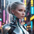 An ethereal android with luminous silver skin, geometric patterns of light pulsing beneath her surface, her eyes glowing with artificial intelligence, set against a backdrop of a futuristic neon cityscape, cyberpunk art, hyperrealistic