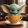 A sleepy alien with big, droopy ears curled up inside a cup of tea, cozy, warm colors, storybook illustration