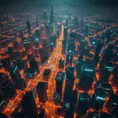 Aerial view of a sprawling cyberpunk city at night, glowing grid patterns of streets and buildings, flying vehicles weaving through the cityscape, holographic projections illuminating the sky, a sense of scale and technological advancement, futuristic architecture, 8k resolution