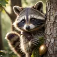 A mischievous raccoon wearing a tiny bandit mask, peeking out from behind a tree with a sparkling acorn in its paw, enchanting forest setting, soft focus