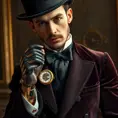 An elegant Victorian gentleman with a finely crafted prosthetic arm made of polished brass and copper. He holds a pocket watch that displays intricate gears instead of numbers. Dressed in a velvet waistcoat and cravat, a top hat casting a shadow over his piercing gaze. Steampunk, cinematic lighting, Art Deco elements.