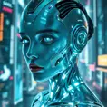 An ethereal android with luminous silver skin, geometric patterns of light pulsing beneath her surface, her eyes glowing with artificial intelligence, set against a backdrop of a futuristic neon cityscape, cyberpunk art, hyperrealistic